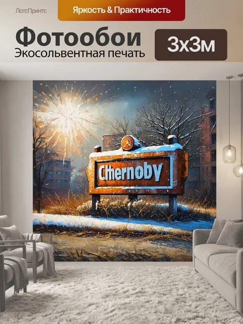 Фотообои знак города чернобыль, покрытый снежным покровом, с кристаллами льда, сверкающими на солнце