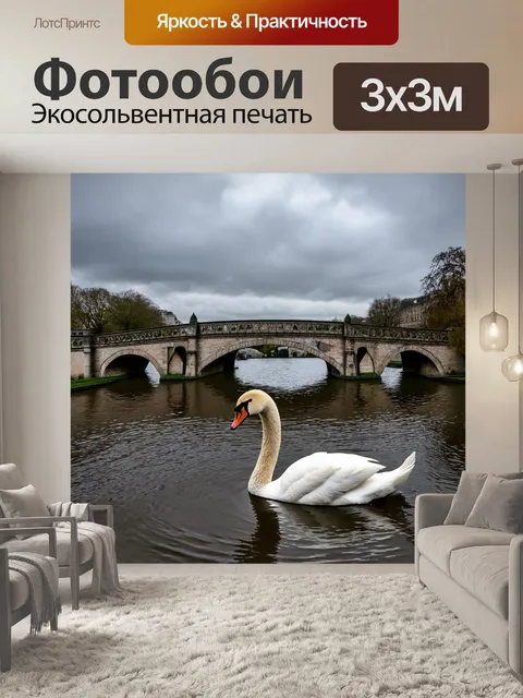 Фотообои с лебедем, медленно плывущим вдоль старинного моста, настроенные с отражениями в воде, в окружении серого…