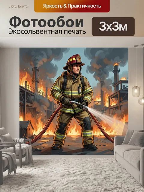 Фотообои Пожарный с брандспойтом на заводе