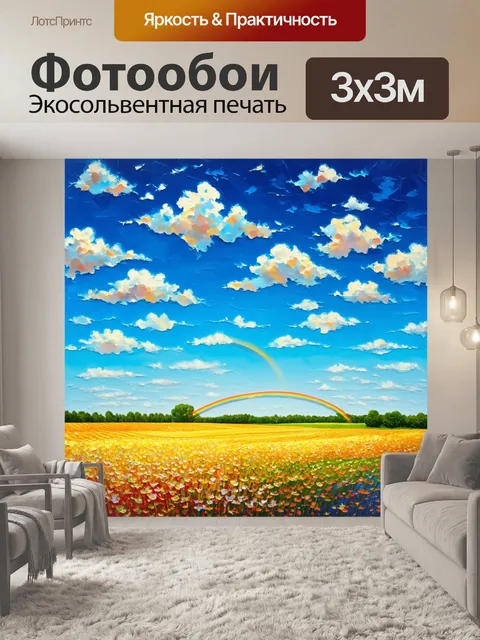 Фотообои паттерн с солнечными полями, расцветающими под голубым небом с маленькими облаками