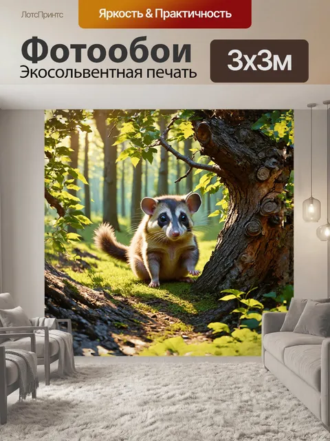 Фотообои за густыми кустами, в сердце леса, озорной малый опоссум играет в прятки