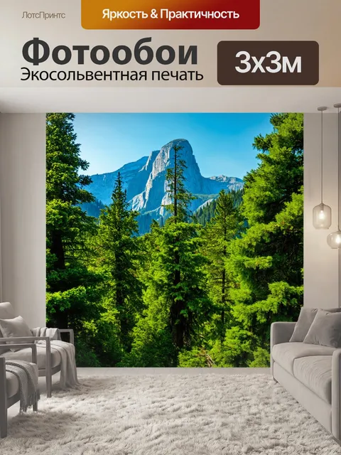 Фотообои лес с высокими горами на заднем плане и зелеными деревьями на переднем