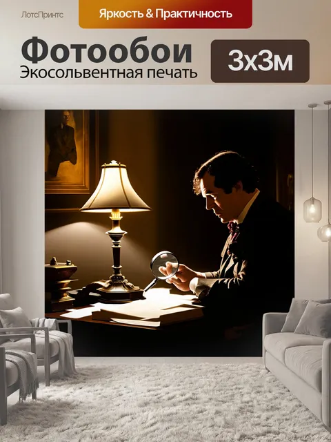 Фотообои сцена, показывающая темный кабинет, где шерлок холмс анализирует улики при тусклом свете лампы