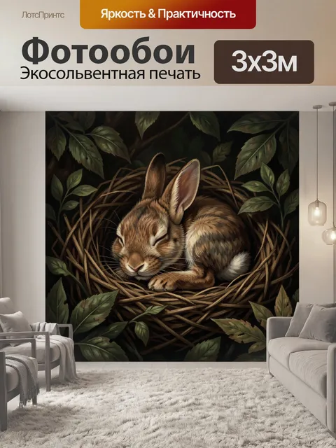 Фотообои Кролики в гнезде из травы