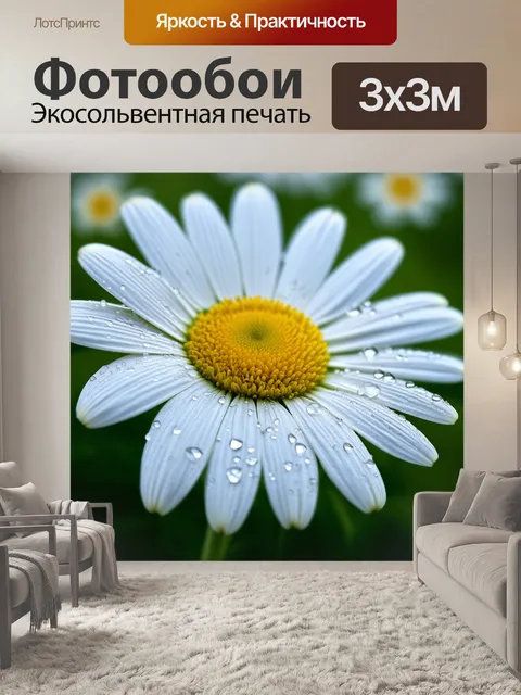 Фотообои макроснимок лепестков ромашки, на котором детально видны текстуры и капли воды, словно кристаллы