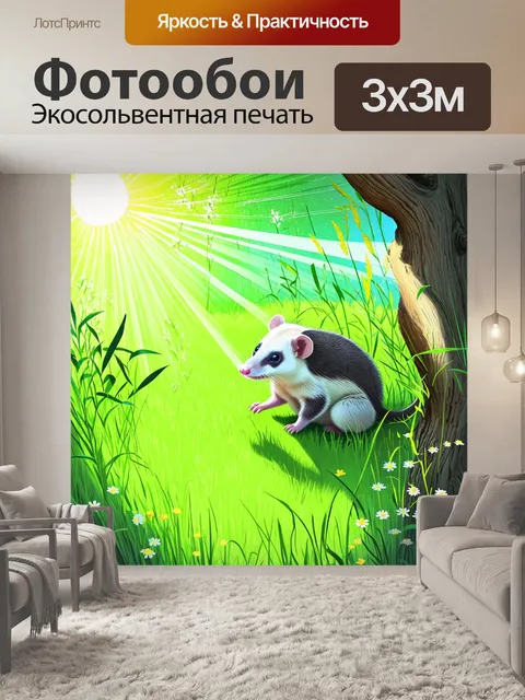 Фотообои на зеленом лугу опоссум медленно перемещается между высокими травами и полевыми цветами