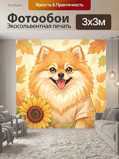 Фотообои Пушистый шпиц с осенними листьями