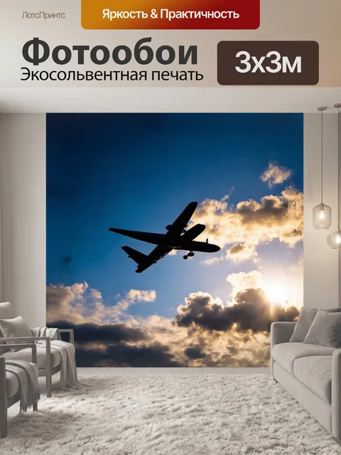 Фотообои в центре композиции величественно расправил свои крылья самолёт