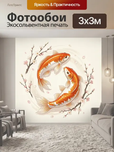 Фотообои Карпы кои и цветущая сакура