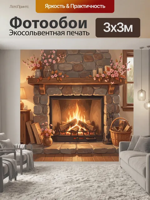 Фотообои Камин с пламенем и дровами