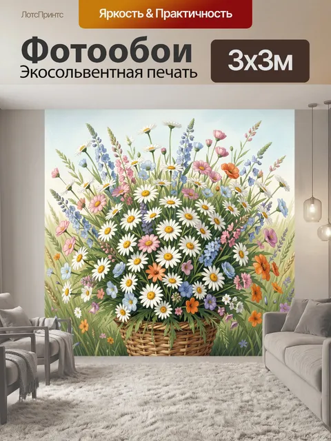 Фотообои Полевой букет в плетёной корзине