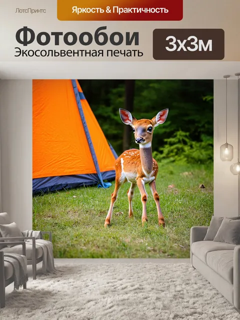 Фотообои олененок, любопытный, подходит к палатке в кемпинге