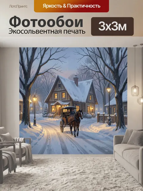 Фотообои Зимняя деревня с конным экипажем