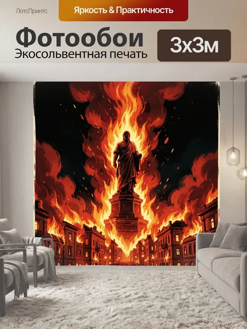 Фотообои Горящий город и монументальная статуя