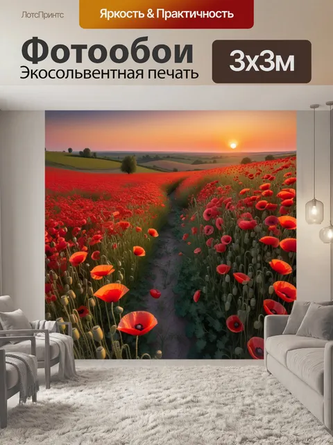 Фотообои пейзаж с полем маков на закате