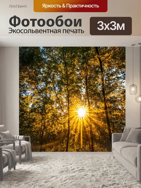 Фотообои светлый фон, с золотыми солнечными лучами, пробивающимися сквозь деревья