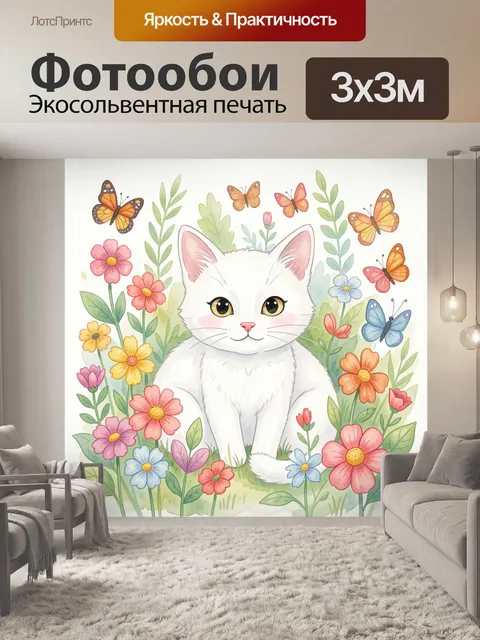 Фотообои Белый кот в цветочном саду