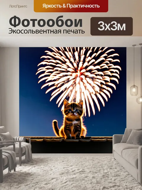 Фотообои с котиком, наблюдающим за фейерверком с крыши дома, с ночным небом и яркими огнями в воздухе
