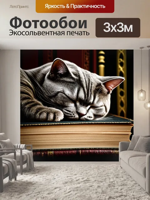 Фотообои сцена с британской короткошерстной кошкой, спящей на фоне старинной книги с готическими узорами