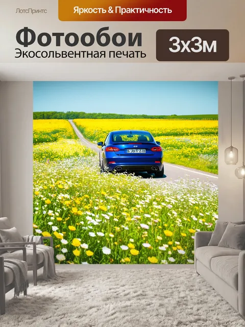 Фотообои с машиной, проезжающей через цветущий луг, с яркими цветами вокруг, атмосферой весны, небо ясное и солнечное