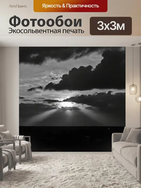 Фотообои черно-белый с изображением драматического облачного неба на горизонте