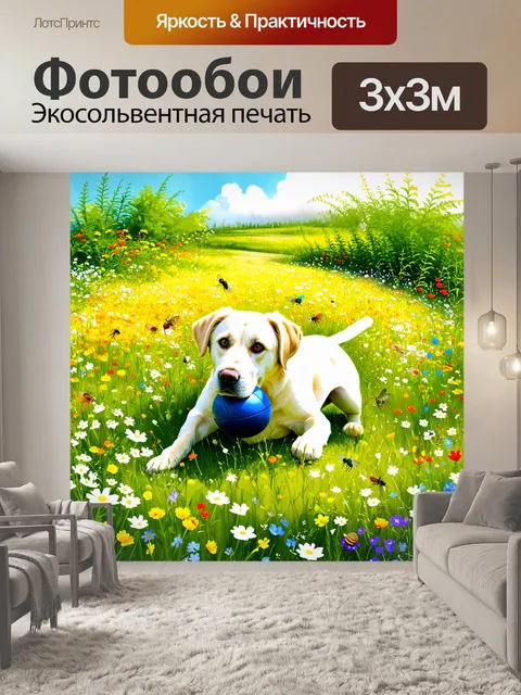 Фотообои лабрадор, играющий с мячиком на цветочном лугу, окруженный яркими полевыми цветами и насекомыми, создает…