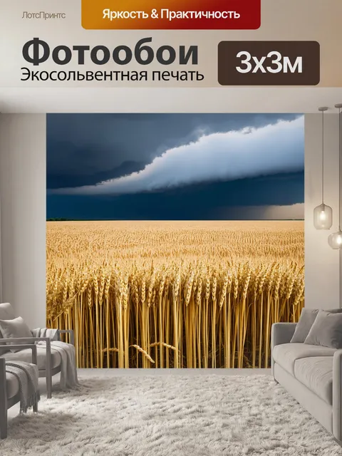 Фотообои россия, бескрайние поля пшеницы, ветер колышет колосья, а вдалеке собираются грозовые облака