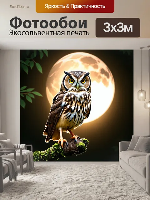 Фотообои сова, сидящая на ветке, среди густого леса, с мягким светом луны, освещающим её перья и большие глаза