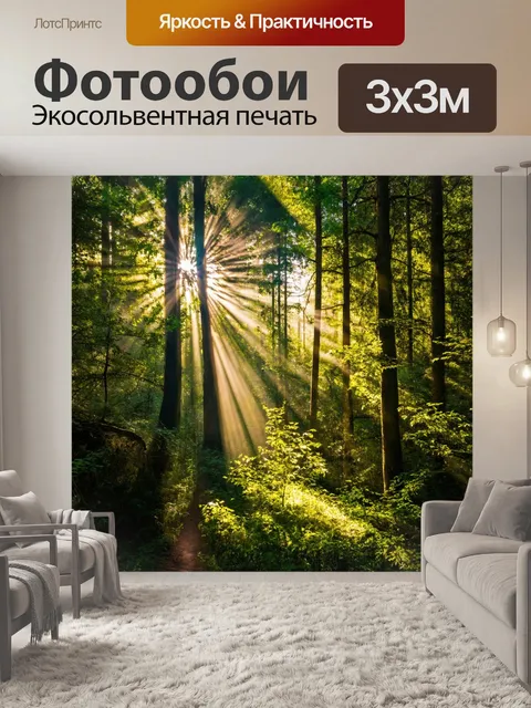 Фотообои лес с солнечными зайчиками, пробивающимися сквозь листву