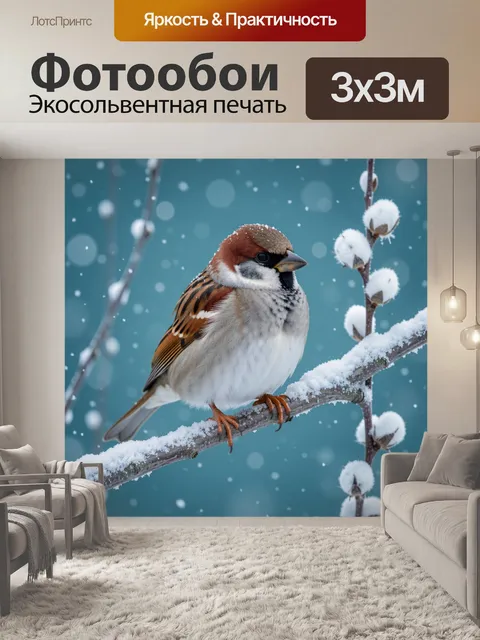 Фотообои Воробей на заснеженной ветке