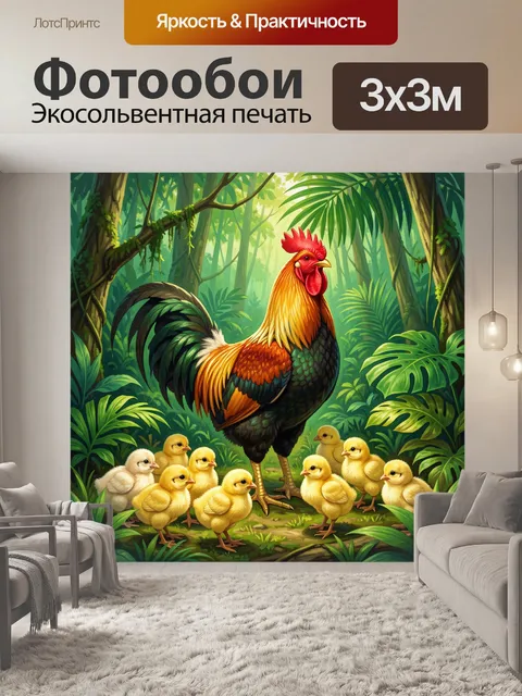 Фотообои Петух и семейство цыплят в джунглях