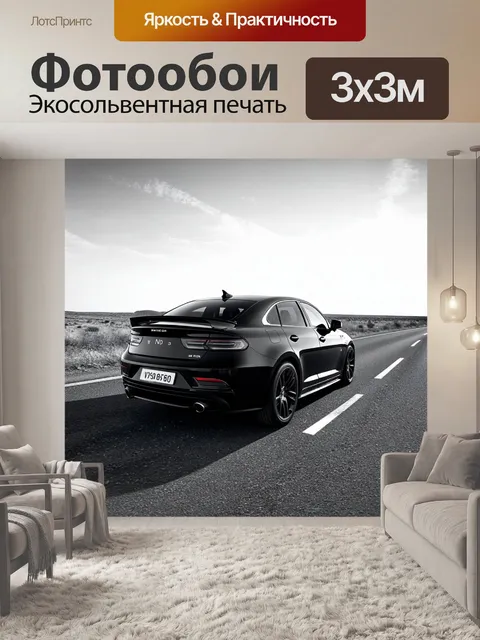 Фотообои машина в стиле черно-белый с панорамным видом на автомобиль на пустынной дороге