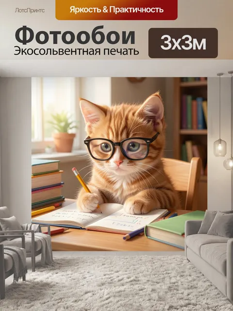 Фотообои Котенок в очках делает уроки