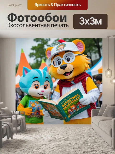 Фотообои город в стиле маскот, книжный фестиваль с маскотами, читающими детям истории