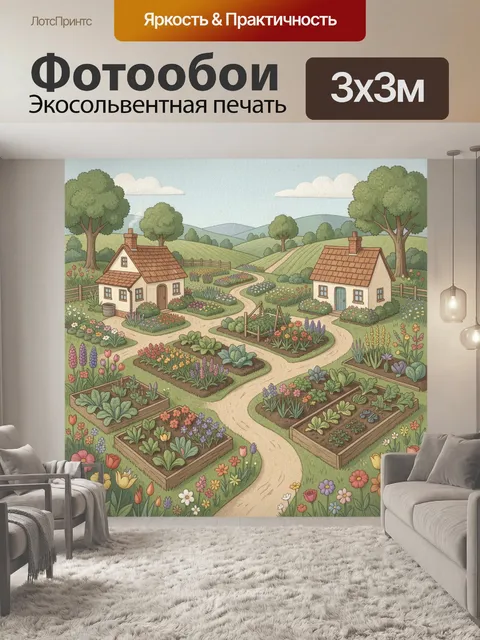 Фотообои Деревенские дома среди цветущих садов