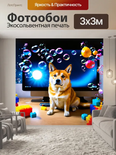 Фотообои сиба-ину, сидящая перед компьютерным экраном, выглядит сосредоточенной, её мордочка отражает свет монитора