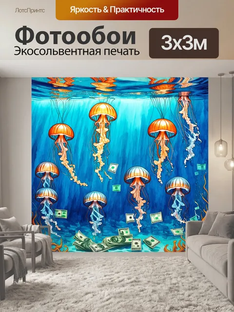 Фотообои подводный мир, где вместо рыб плавают трубочки из пачек долларов сша, окруженные медузами, символизирующими…