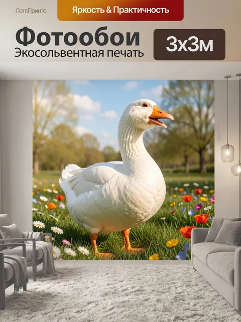 Фотообои Крупный веселый гусь с объемным пышным белоснежным оперением