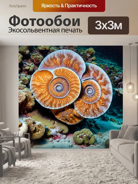 Фотообои морское дно, обитанное окаменевшими аммонитами, где они образуют риф в виде натуралистичного коралла, где…