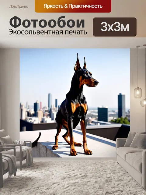 Фотообои доберман, наблюдающий за окрестностями с высокой точки, вероятно, крыши, с видом на городской пейзаж