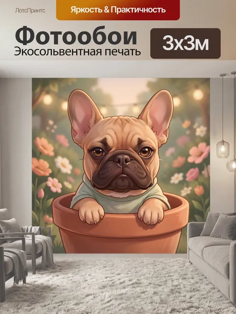 Фотообои Французский бульдог в цветочном горшке