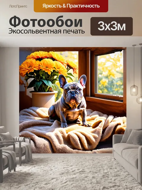 Фотообои французский бульдог, уютно устроившийся на мягком пледе у открытого окна, впускает в комнату…