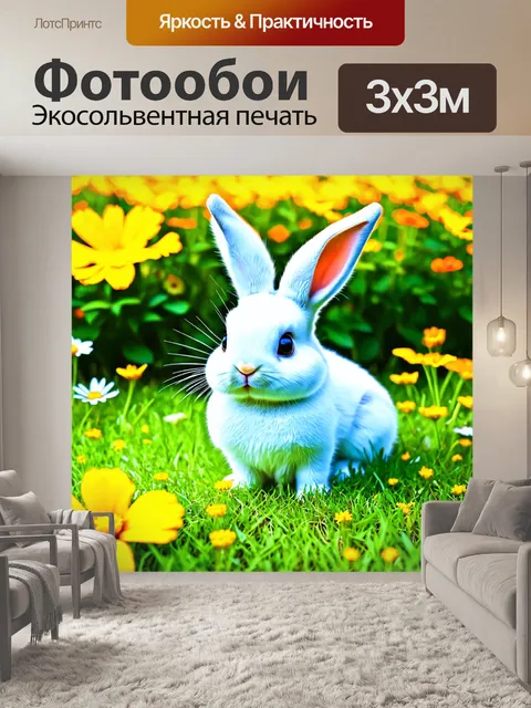 Фотообои животные в стиле граффити: очаровательный кролик, сидящий на траве с яркими цветами и трюми на фоне