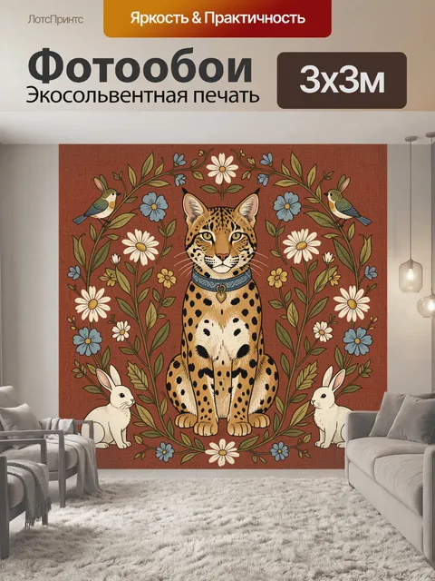 Фотообои Пятнистая дикая кошка в цветах