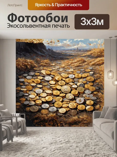 Фотообои в центре картины расположены большие, массивные золотые монеты, лежащие на земле в окружении засохшей травы