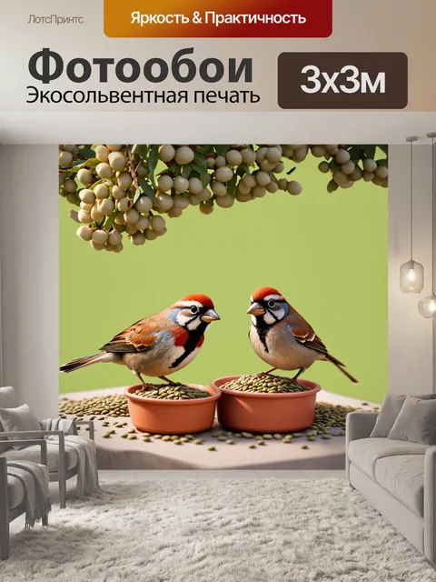 Фотообои под акацией два забавных воробья мирно щебечут, вокруг расставлены чашки с семенами