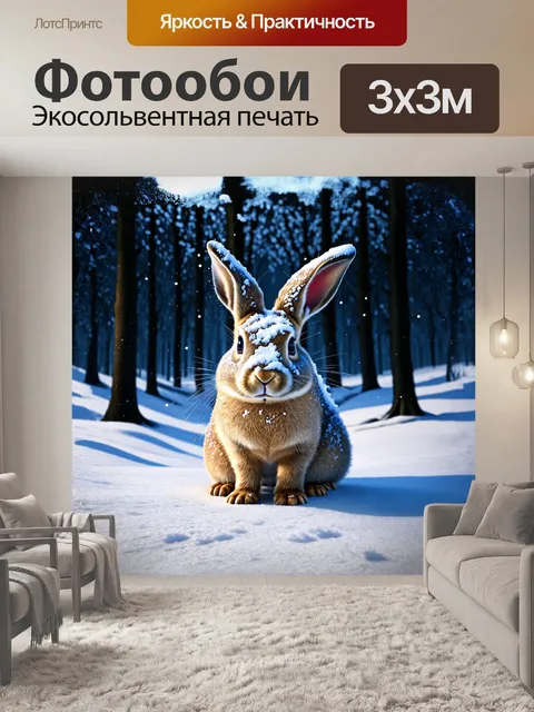 Фотообои на фоне снежного пейзажа изображен кролик, его шкура укрыта искрящимся снежным покровом
