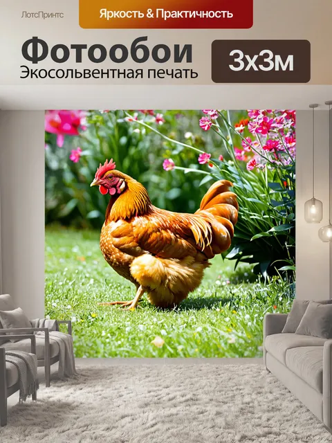 Фотообои живописная сцена с рыжей курицей, которая с любопытством исследует свой двор