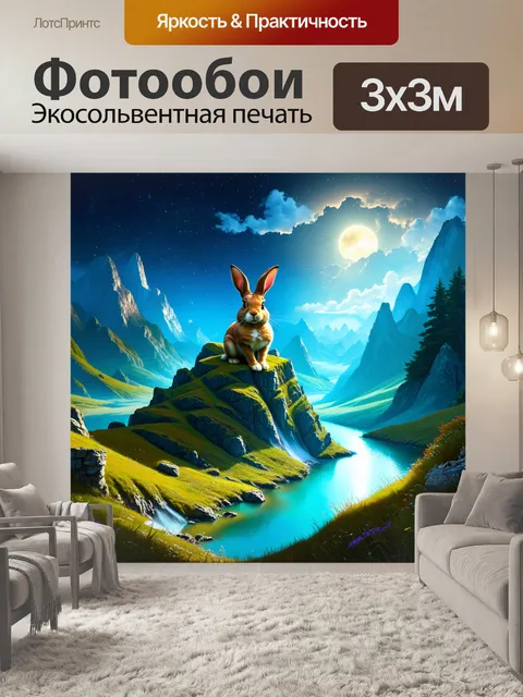 Фотообои кролик, сидящий на вершине сказочной горы, наблюдает за бесконечной яркой рекой, исполненной светом