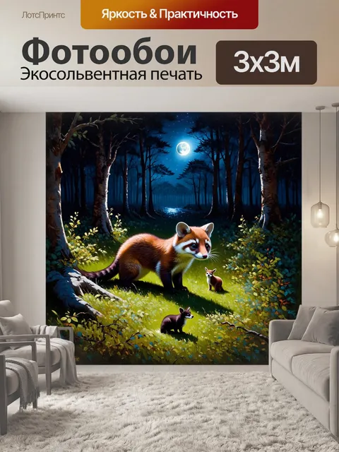 Фотообои сцена ночного леса, где куница охотится на мелких животных среди тенистых кустов, свет луны отражается на ее…